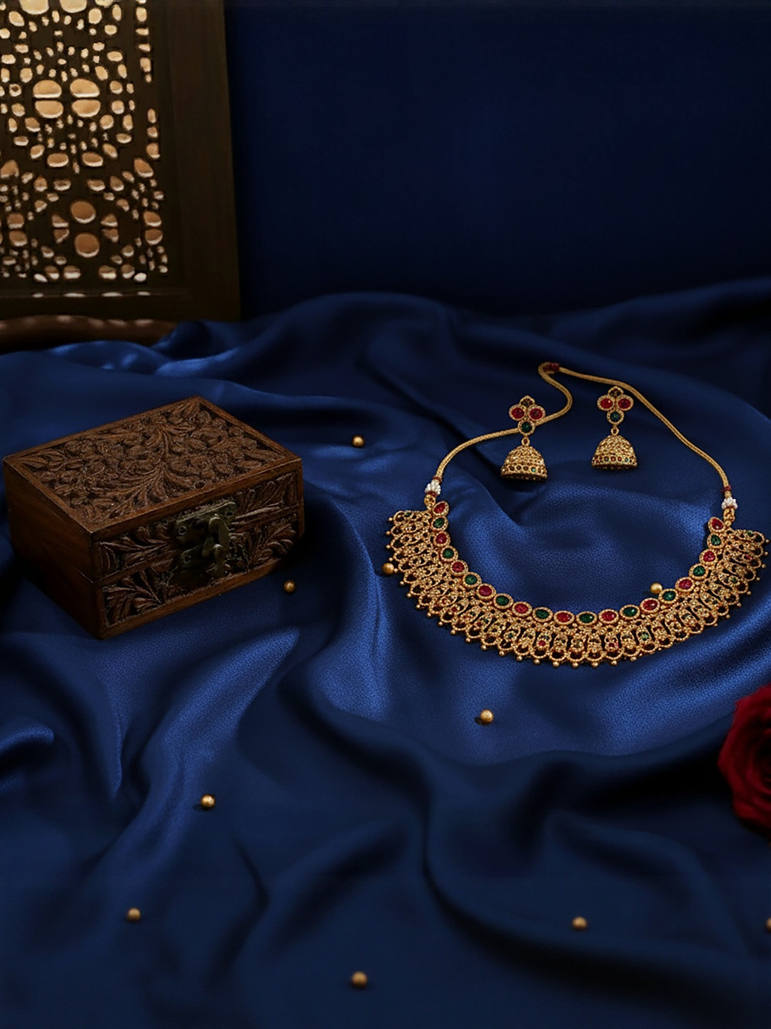 SOLLIGHT Gold-Plated Ruby Studded Necklace With Earrings