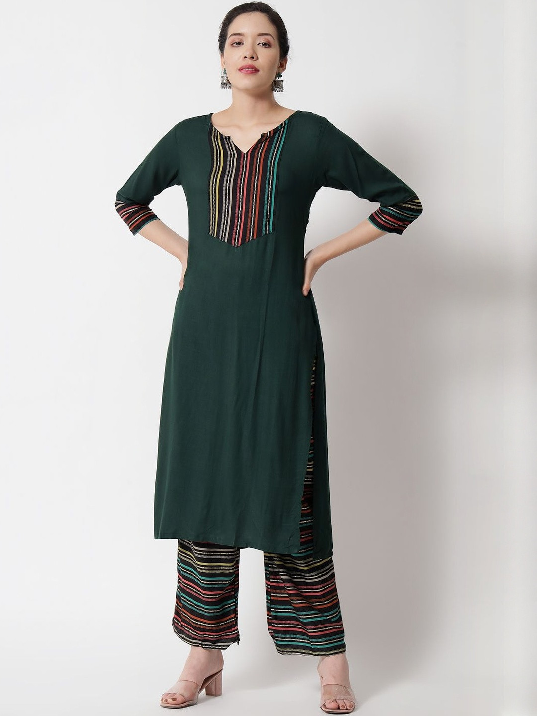 KALINI Striped Yoke Design Foil Technique Straight Kurta With Palazzos