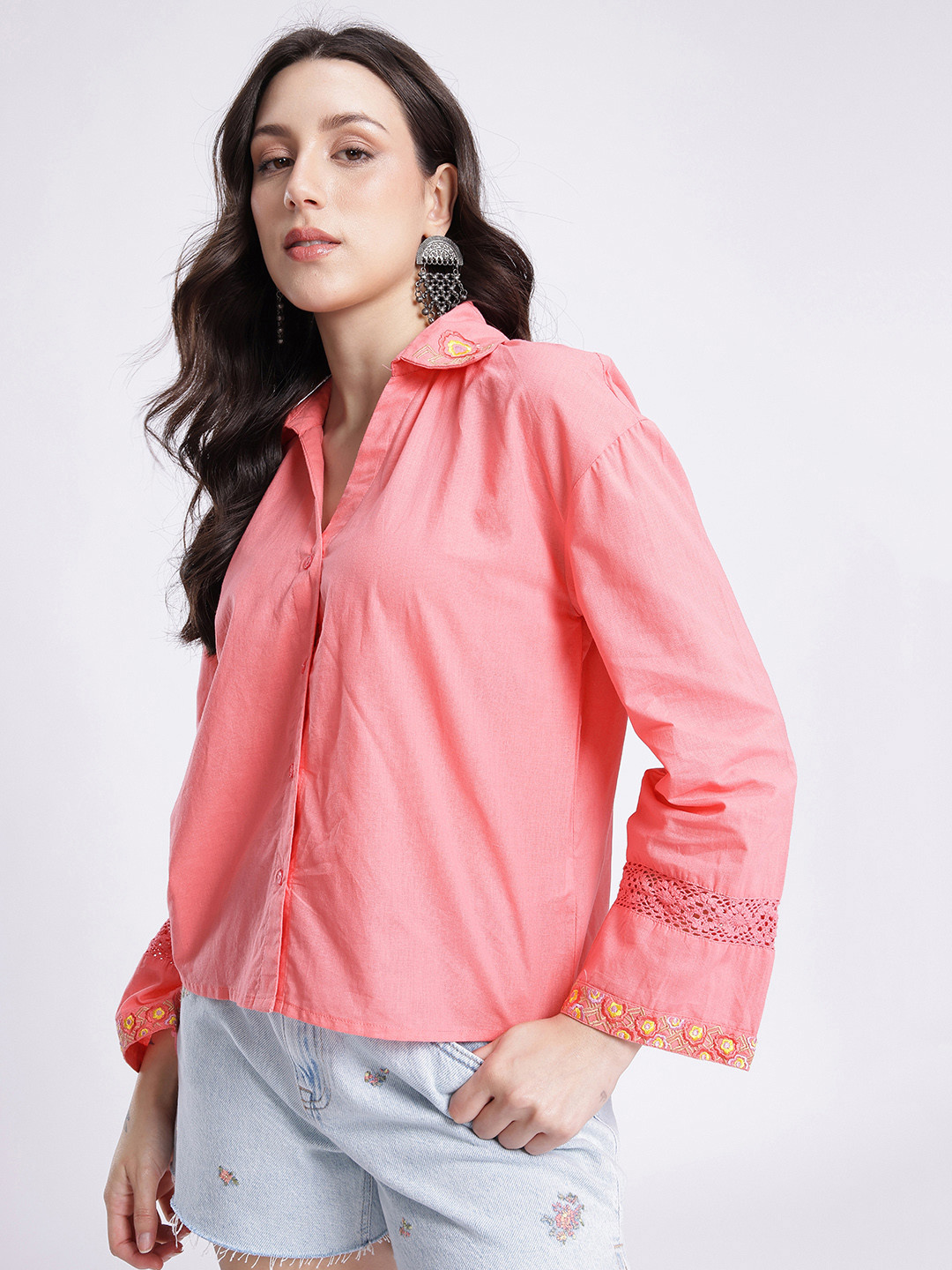 fusion by glitchez Relaxed Fit Drop-Shoulder Sleeves Embroidered & Crochet Casual Shirt