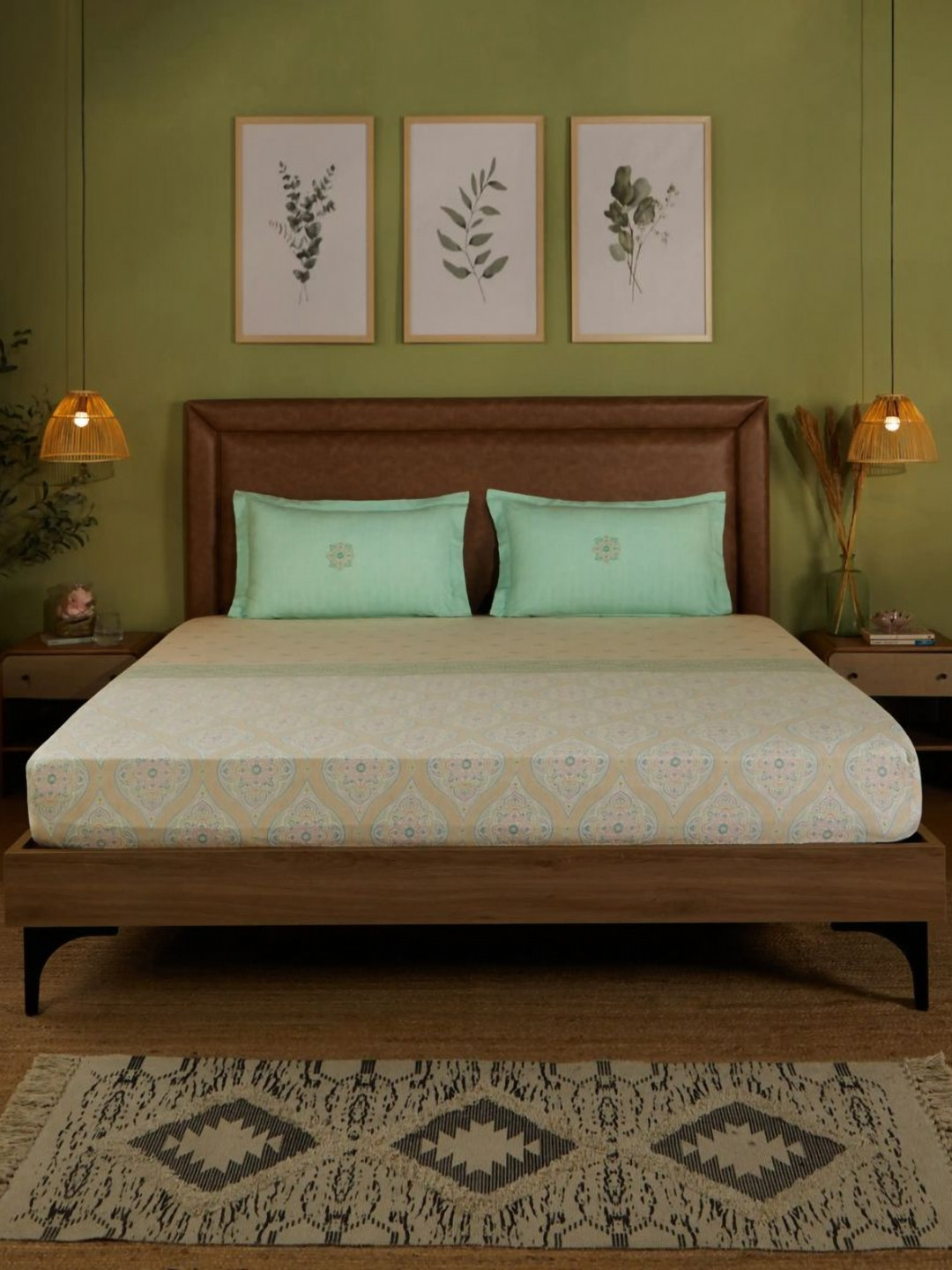 LIVSPACE Chippa Lane Green & Beige Motifs 144 TC Double Bedsheets With 2 Pillow Covers