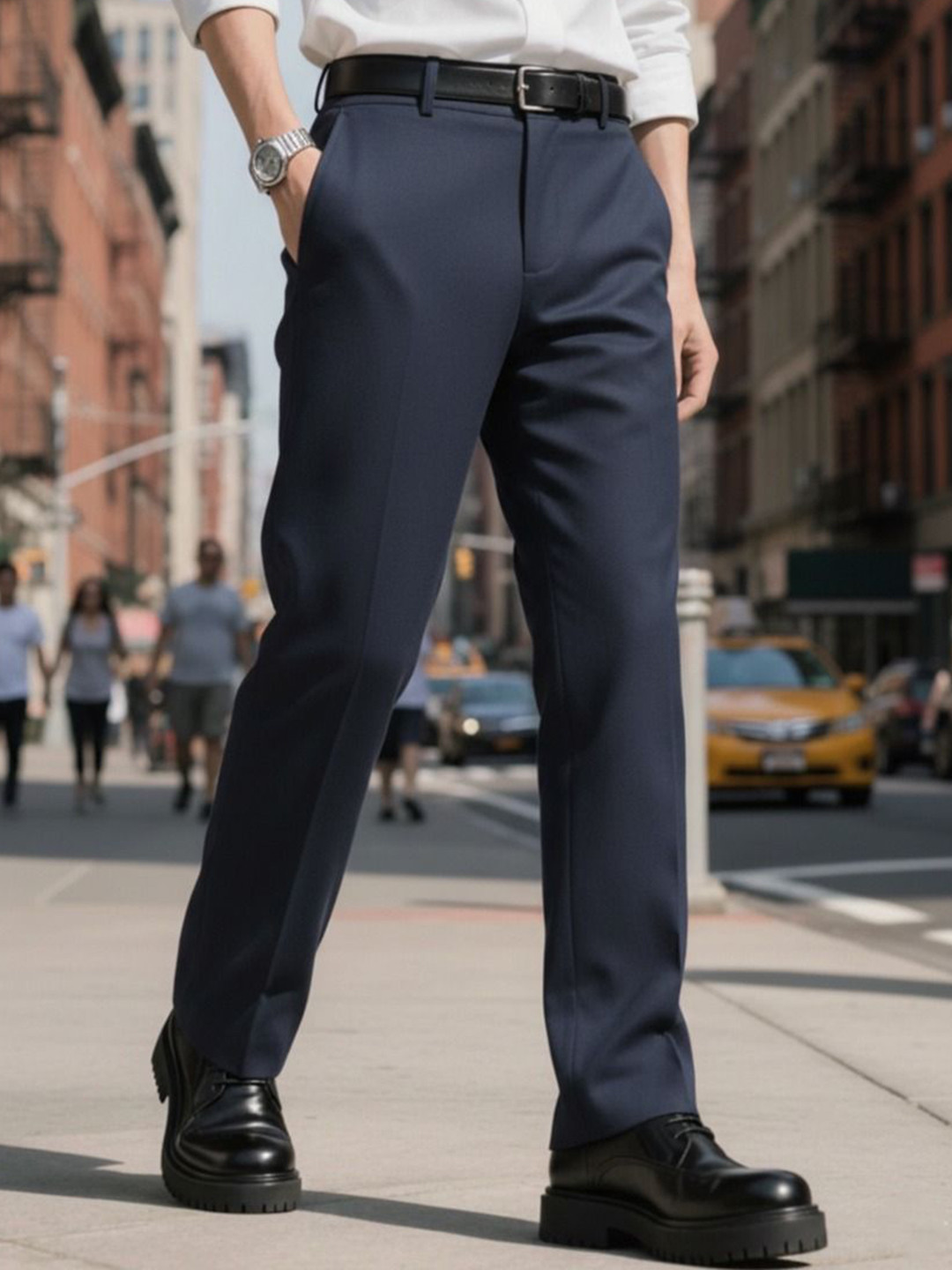 COVZ Relaxed Straight Leg Men's Solid Straight Fit Mid Rise Flat Front Formal Trousers