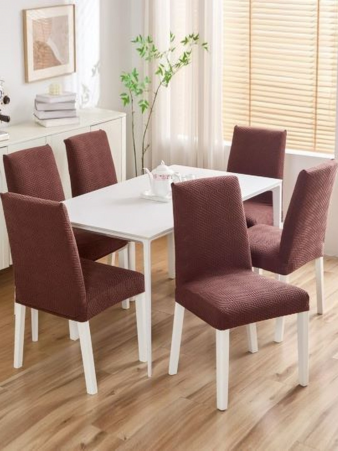 HOMETHREADS Coffee Brown 6 Pieces Textured Jacquard Chair Covers