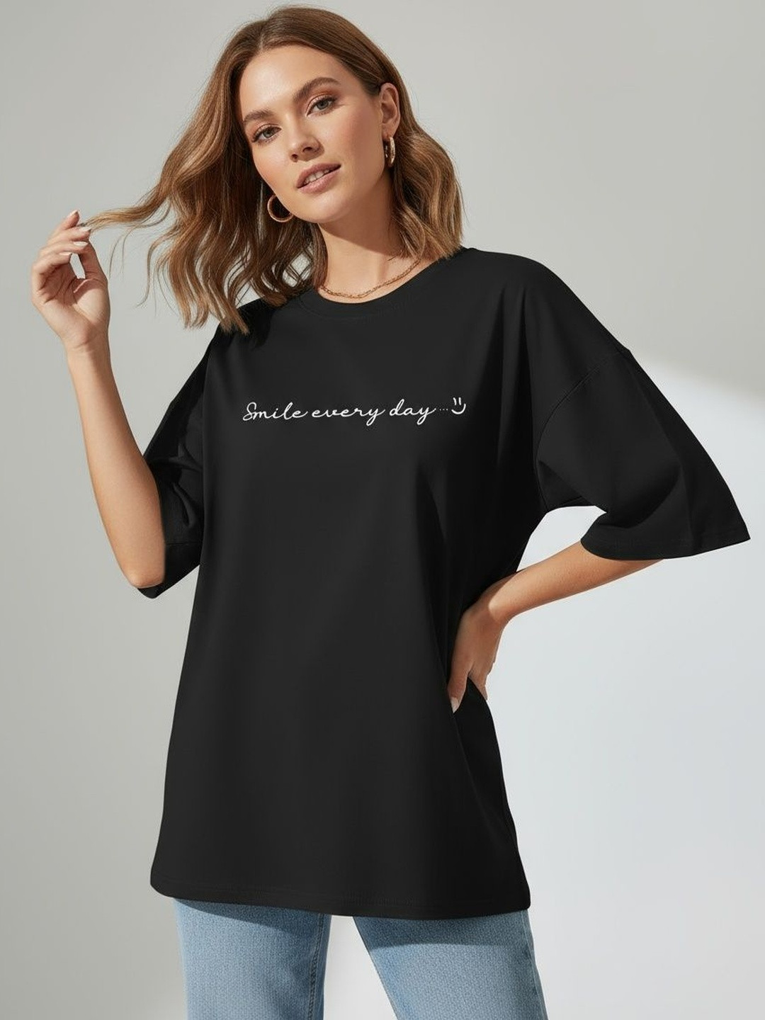 SZN Typography Printed Round Neck Drop-Shoulder Sleeves Cotton Oversized T-shirt
