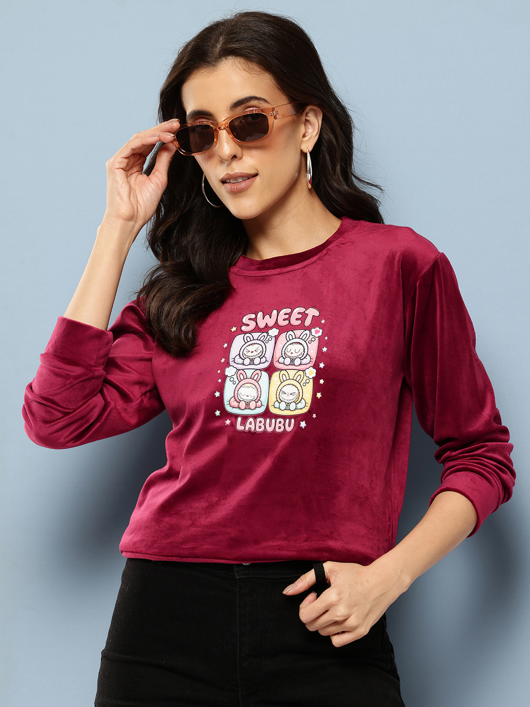 Aarika Printed Velvet Finish Labubu Print Sweatshirt