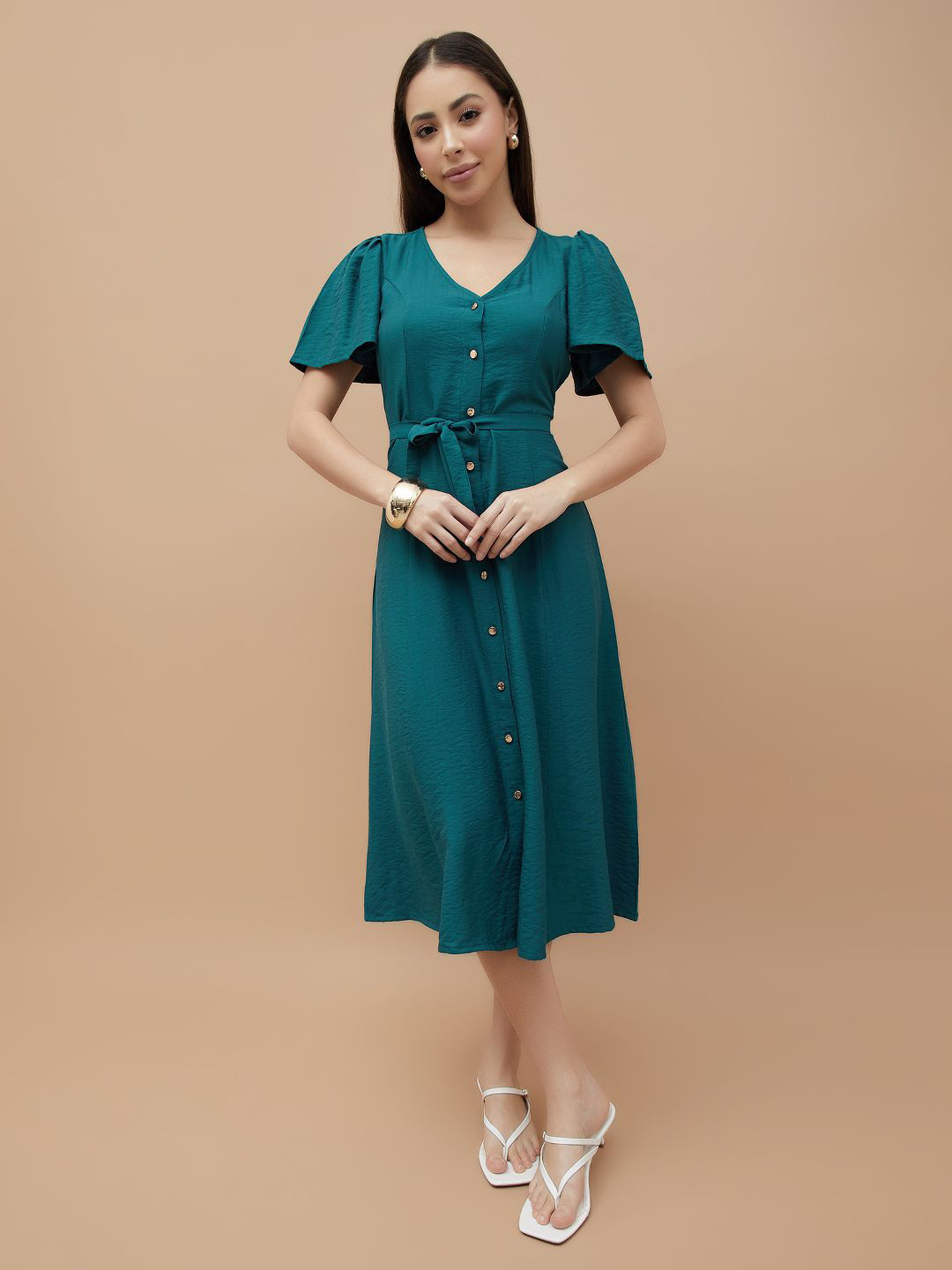 CODE by Lifestyle Solid Puff Sleeve A-Line Midi Dress with Belt