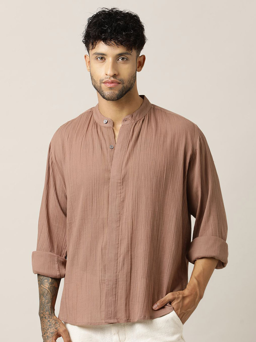 Paper Cut Relaxed Fit Band Collar Cotton Shirt