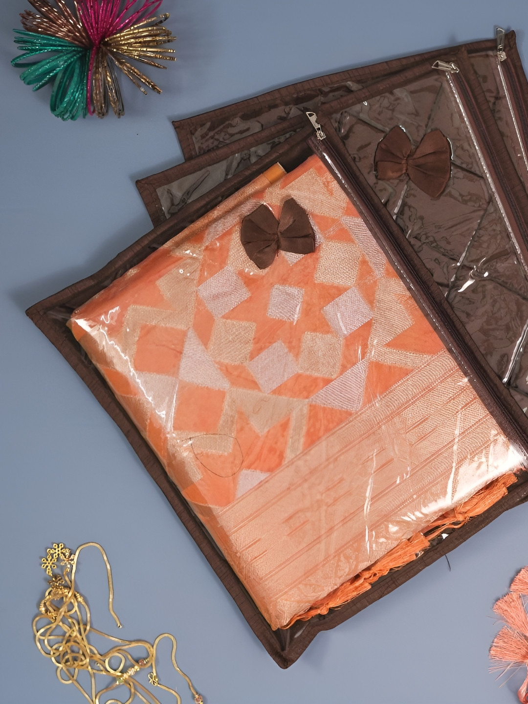 DECOM INDUSTRIES Women Set Of 3 Coffee Brown Wardrope Saree Covers
