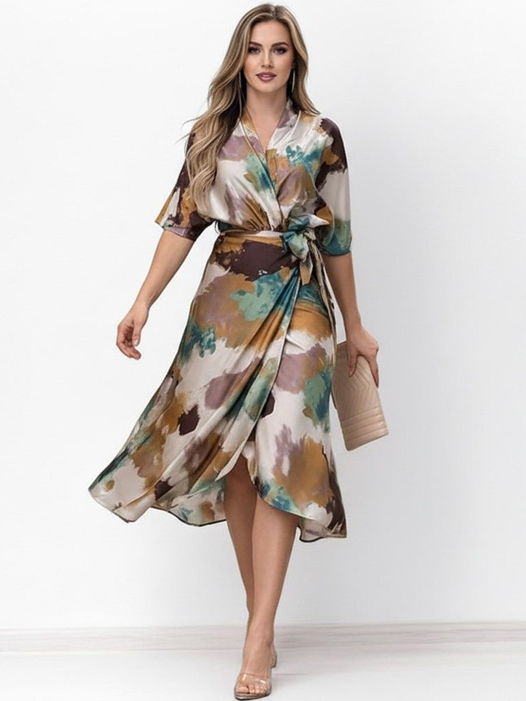 KUNDAN FAB Women Abstract Printed Wrap Midi Dress