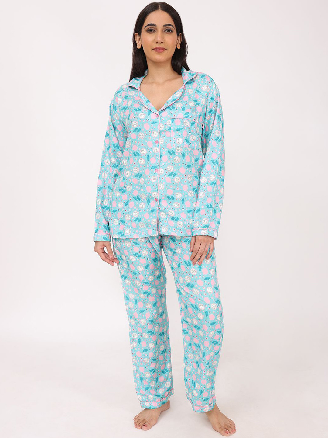 Biglilpeople Women Floral Print Long Sleeves Night suit Shirt & Pyjama Set