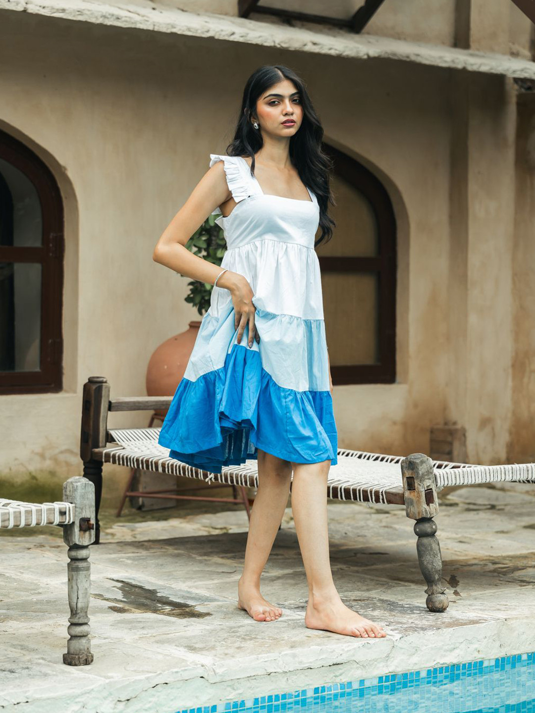 Satnam Handicrafts Colourblocked Square Neck Ruffled Fit & Flare Dress