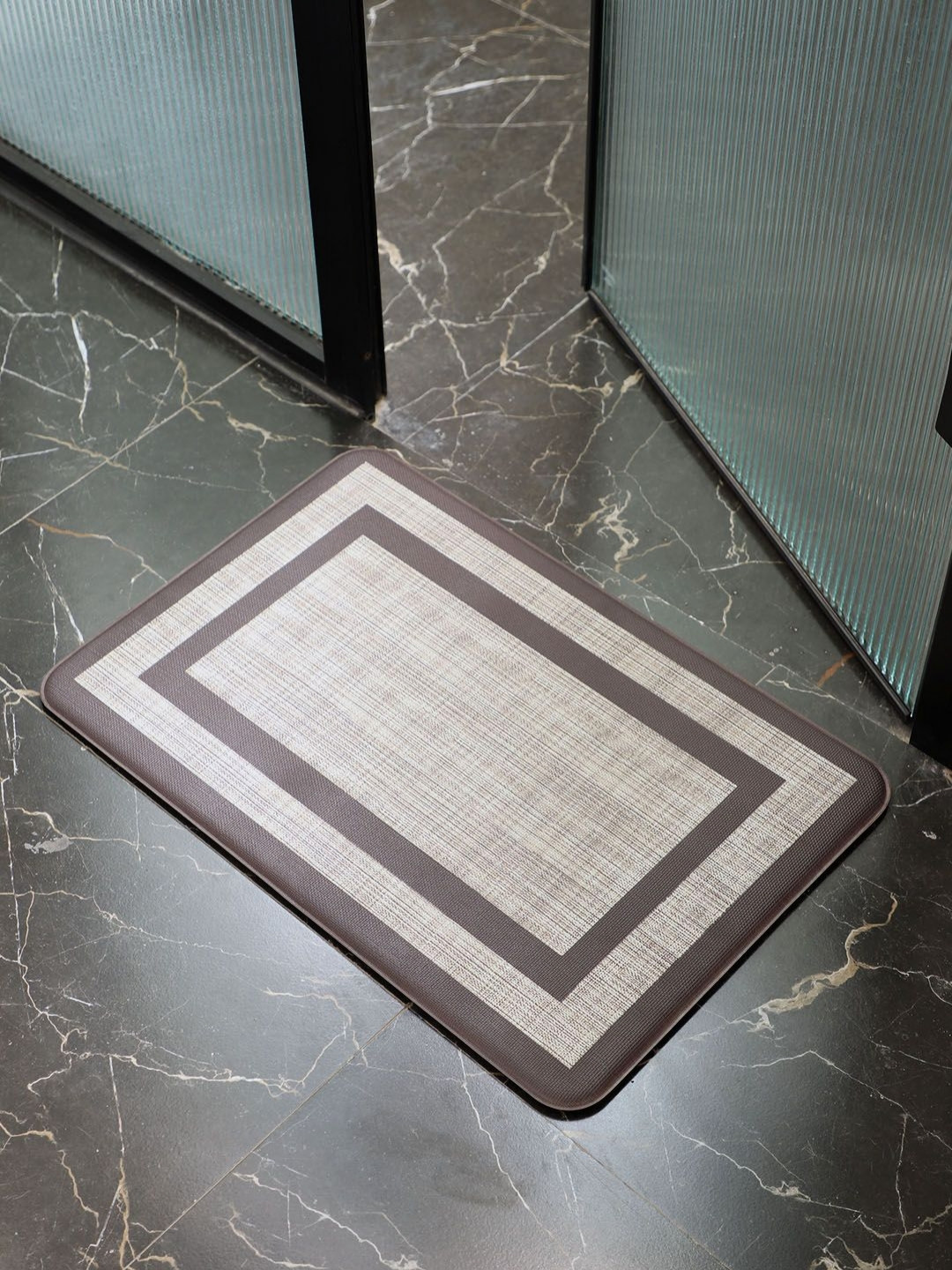 Datch Beige & Brown Printed Silicone 150 GSM Anti-Skid Bath Rug