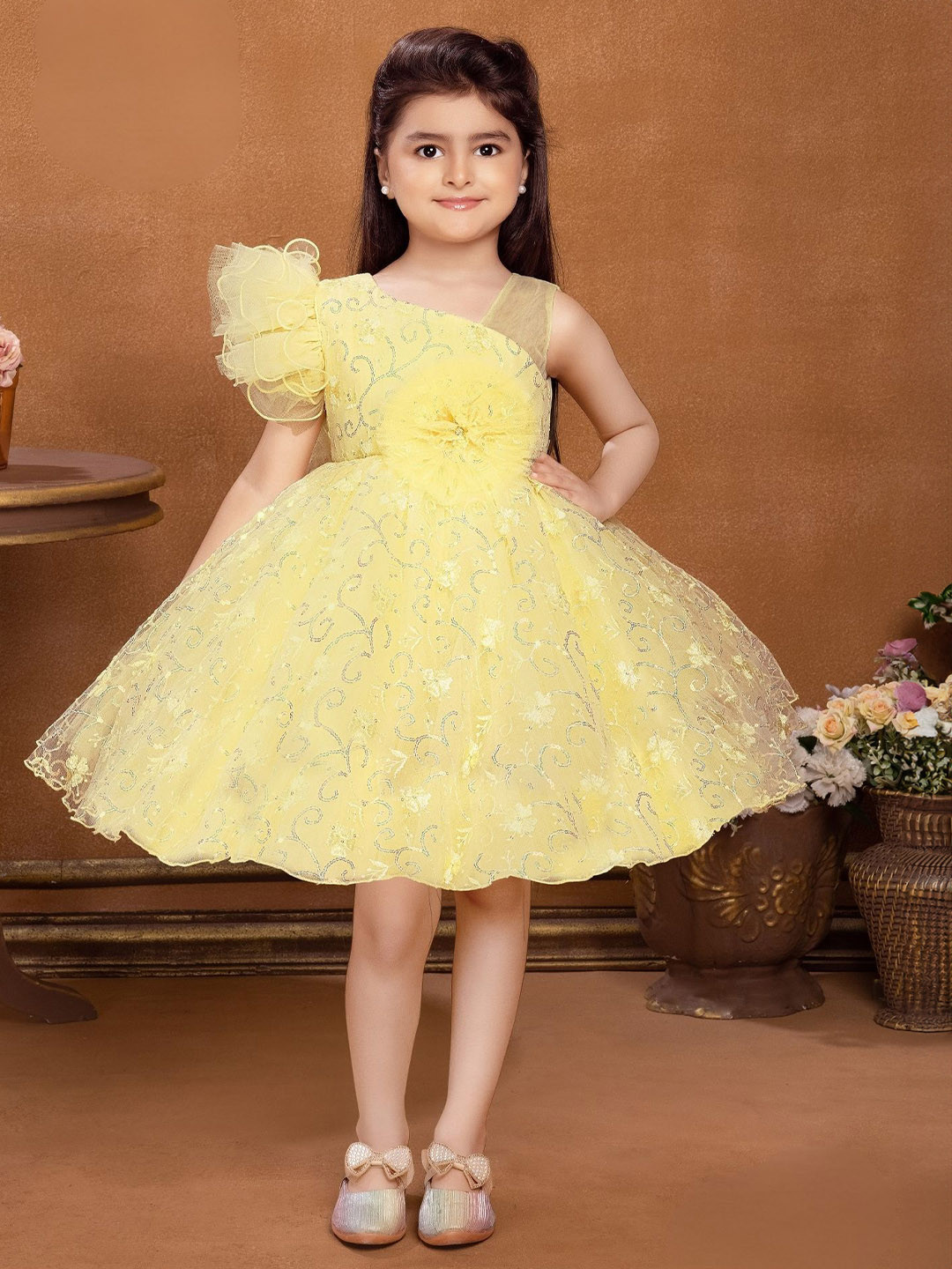 Lagorii Girls Asymmetric Neck Sequins Embroidered Party Frock with Floral Accent