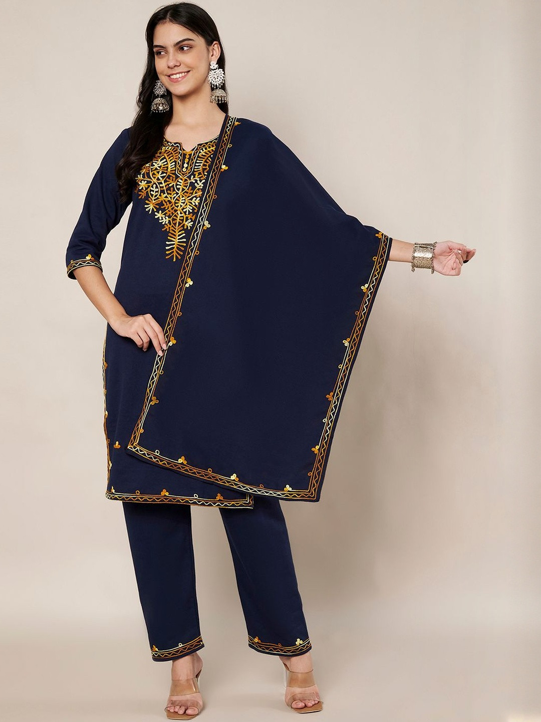 Trend Level Ethnic Motifs Embroidered V-Neck Thread Work Kurta With Trouser & Dupatta