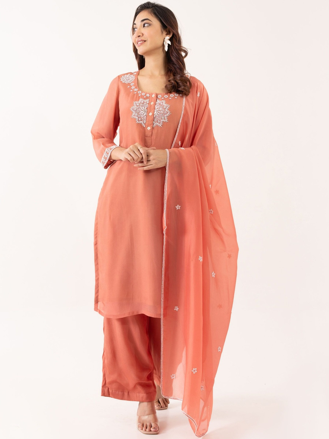 EESHA GUPTA Floral Embroidered U-Neck Thread Work Kurta With Palazzos & Dupatta