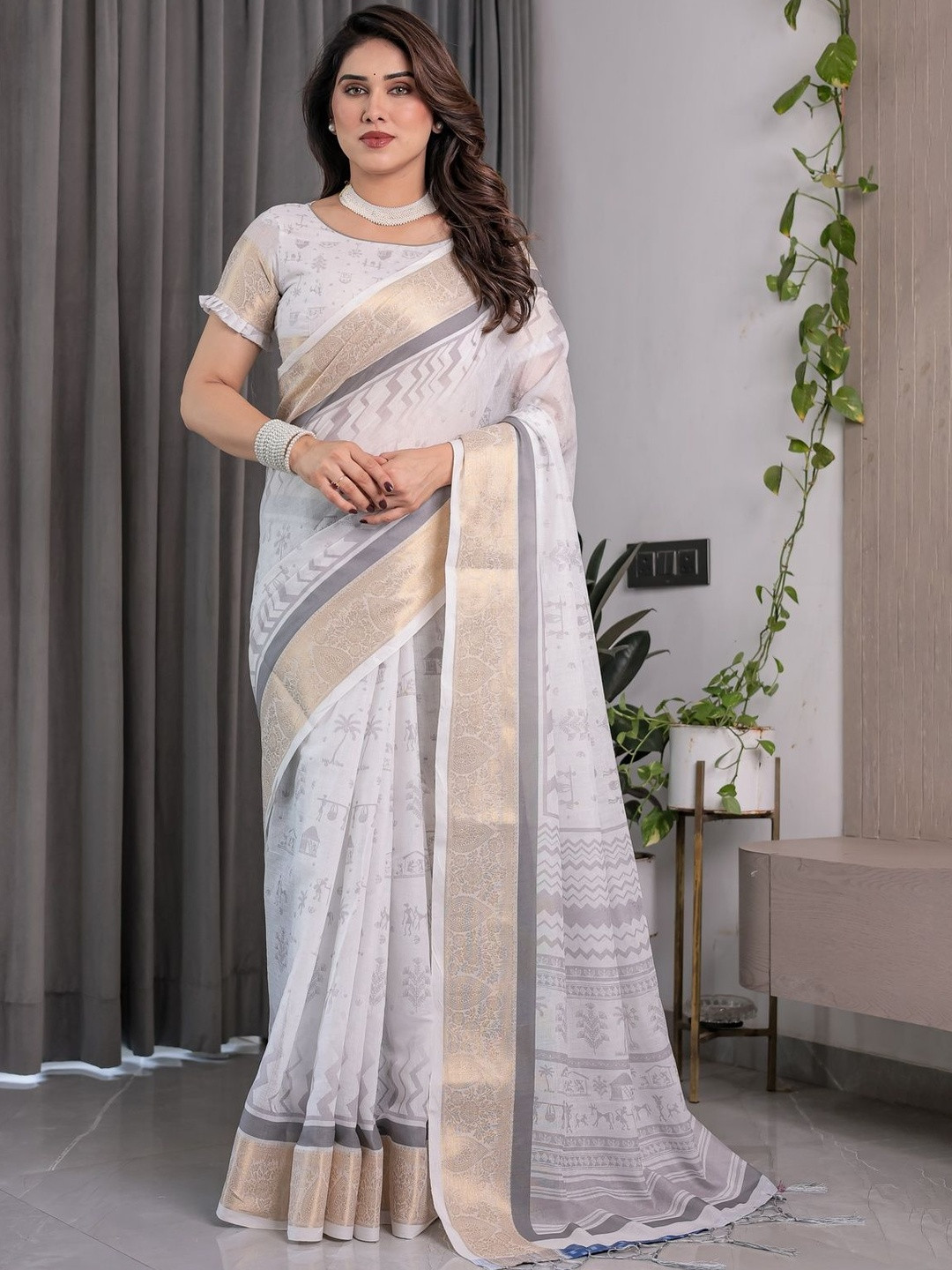 ALMAARI FASHION Ethnic Motifs Printed Woven Design Border Pure Cotton Jamdani Saree