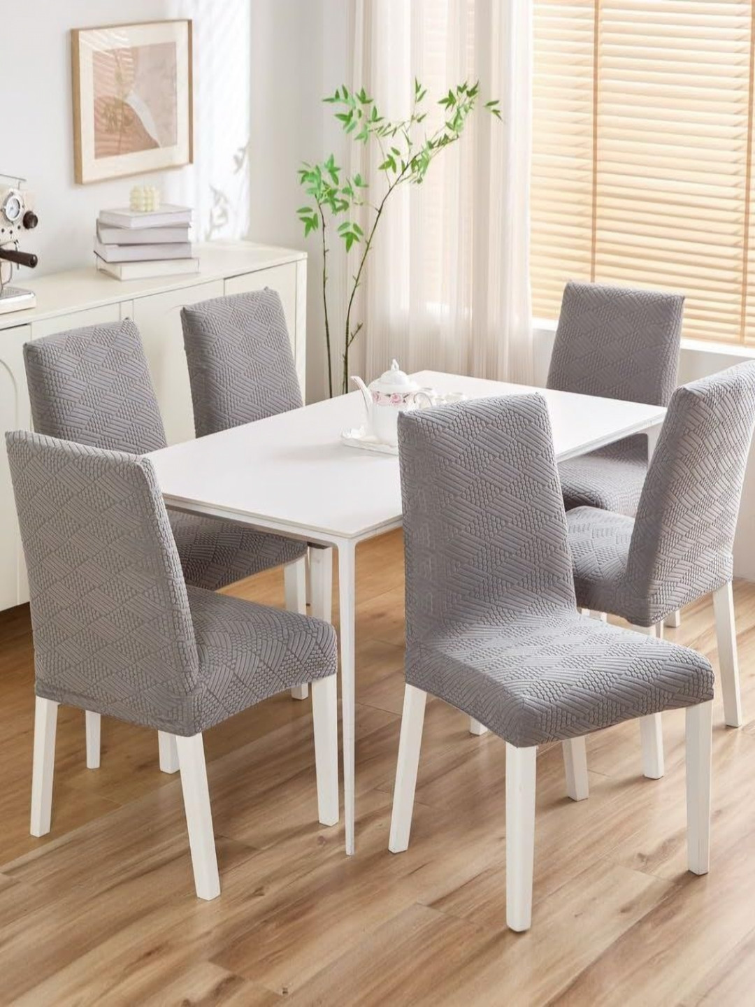 HOMETHREADS 6 Pcs Grey Textured Elasticated Stretchable Chair Covers