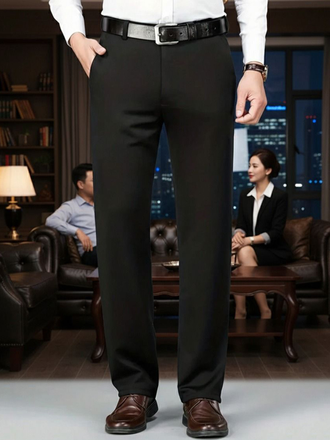 COVZ Men Relaxed Straight Leg Slim Fit Mid-Rise Formal Korean Trouser