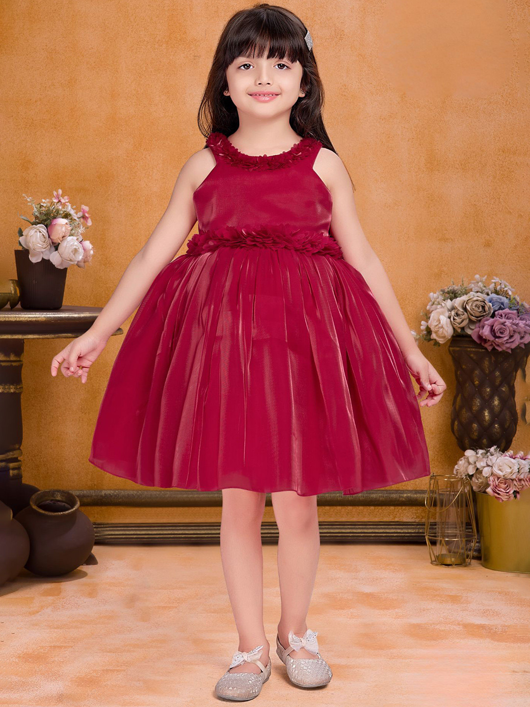 Lagorii Girls Pink Satin Party Wear Frock with Floral Applique Detailing