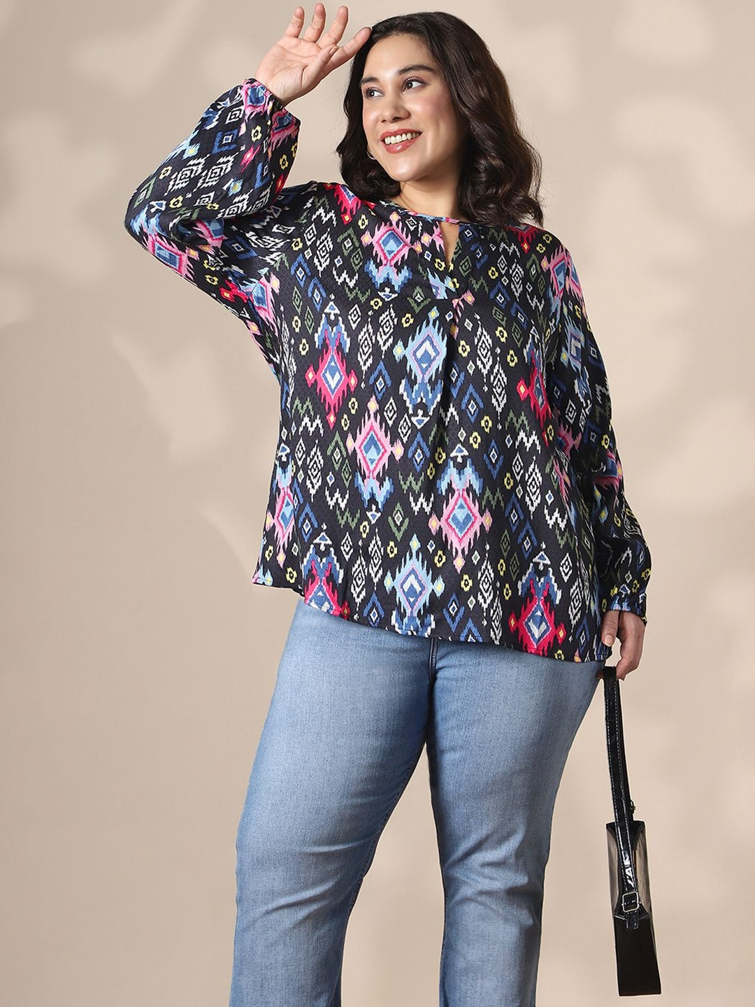 Globus Gloplus Plus Size Ikat Printed Self Design Keyhole Neck Top