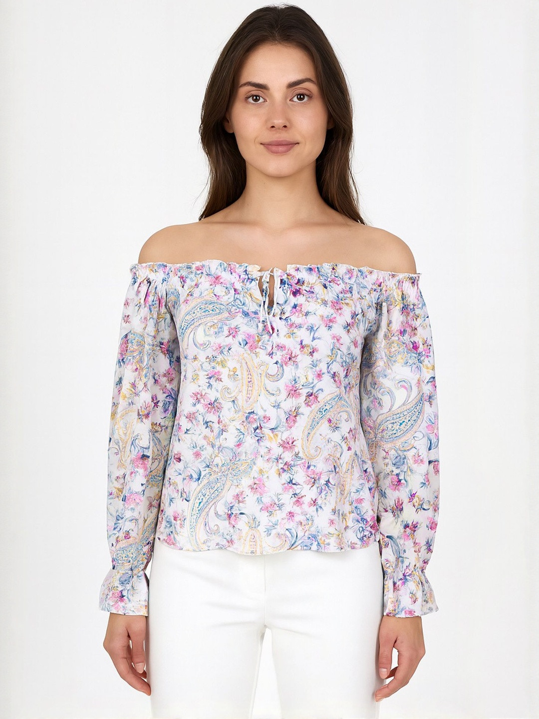 LULU & SKY Floral Print Off-Shoulder Ruffles Top