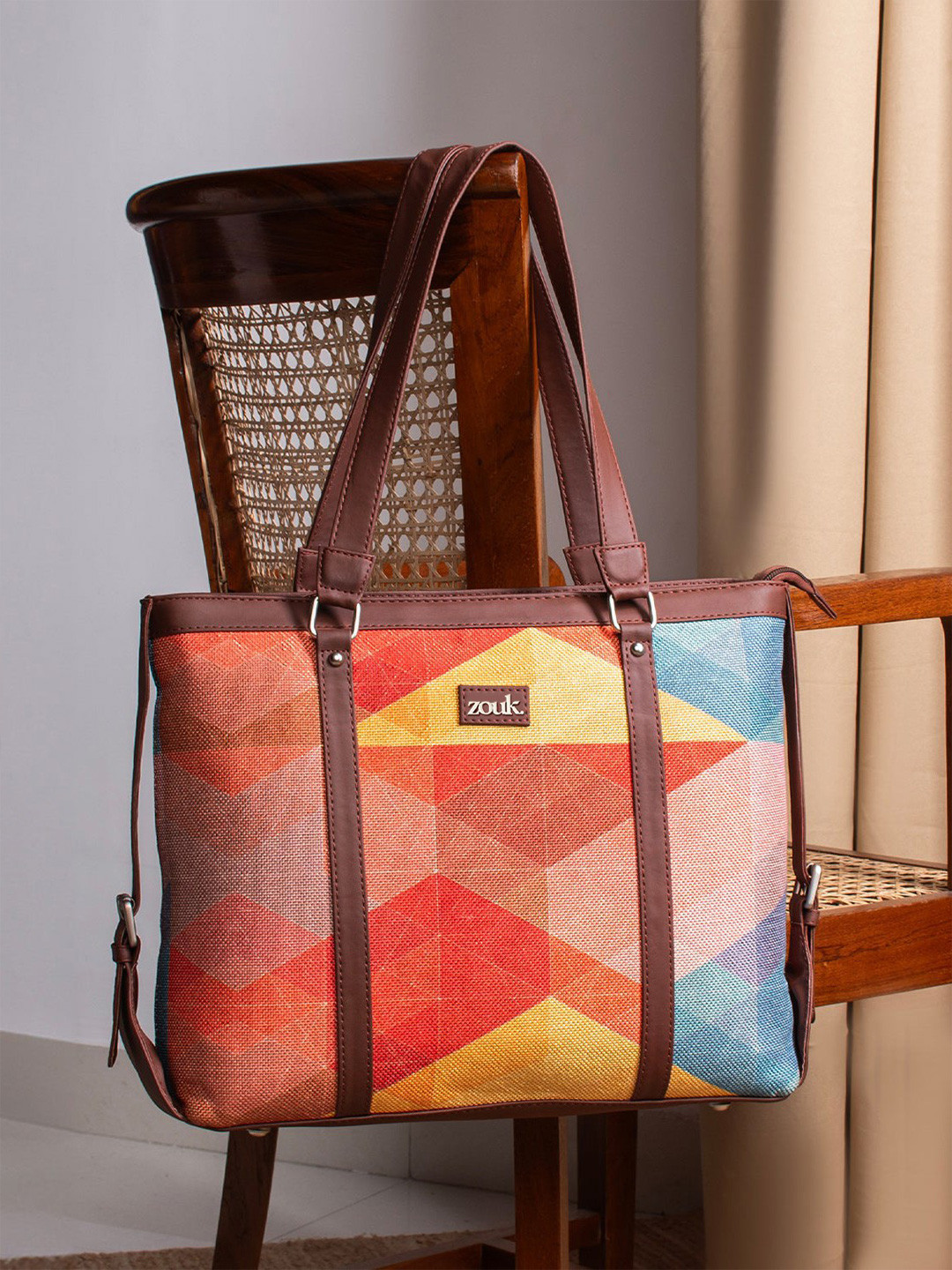 ZOUK Red & Blue Printed Vegan Leather Sustainable Laptop Shoulder Tote Bag