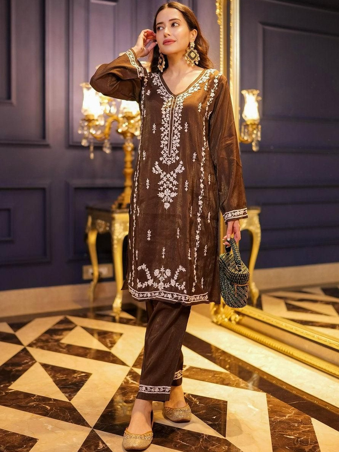 HOUSE OF KARI Women Brown Komal X HOK Chikankari Viscose Kurta Set