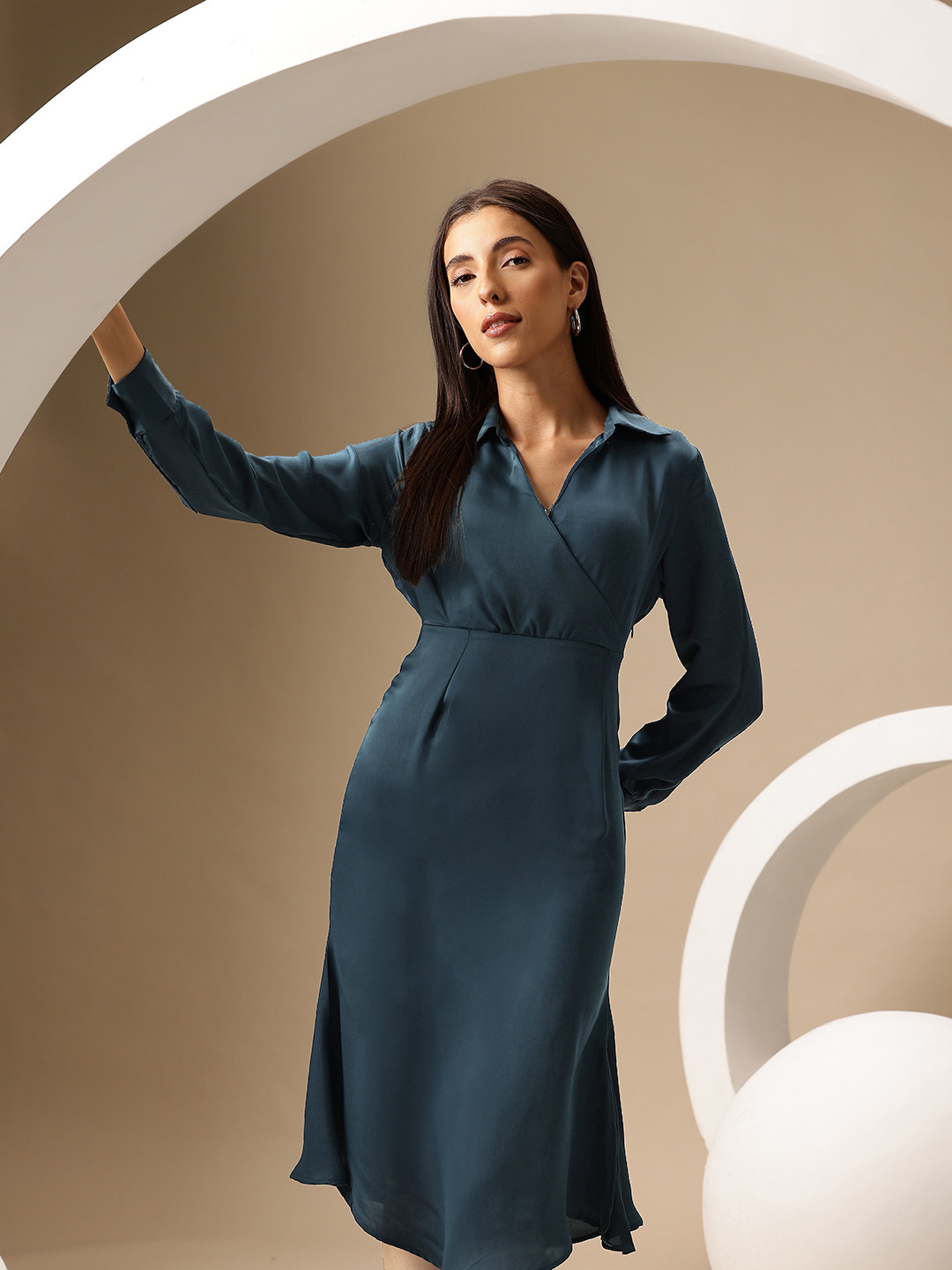 Chemistry Satin Shirt Collar Faux Wrap Dress