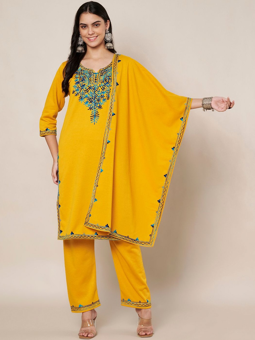 Trend Level Floral Yoke Design Notch Neck Thread Work Straight Kurta Trouser & Dupatta