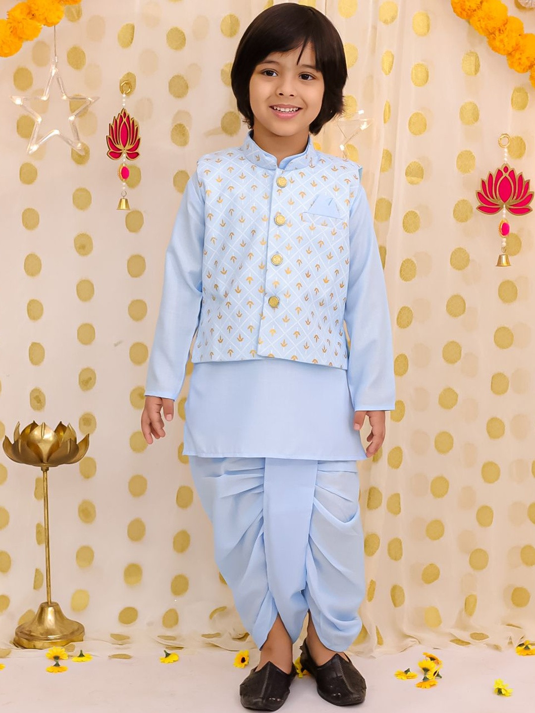 BownBee Boys Mandarin Collar Linen Kurta With Dhoti Pants And Jacket