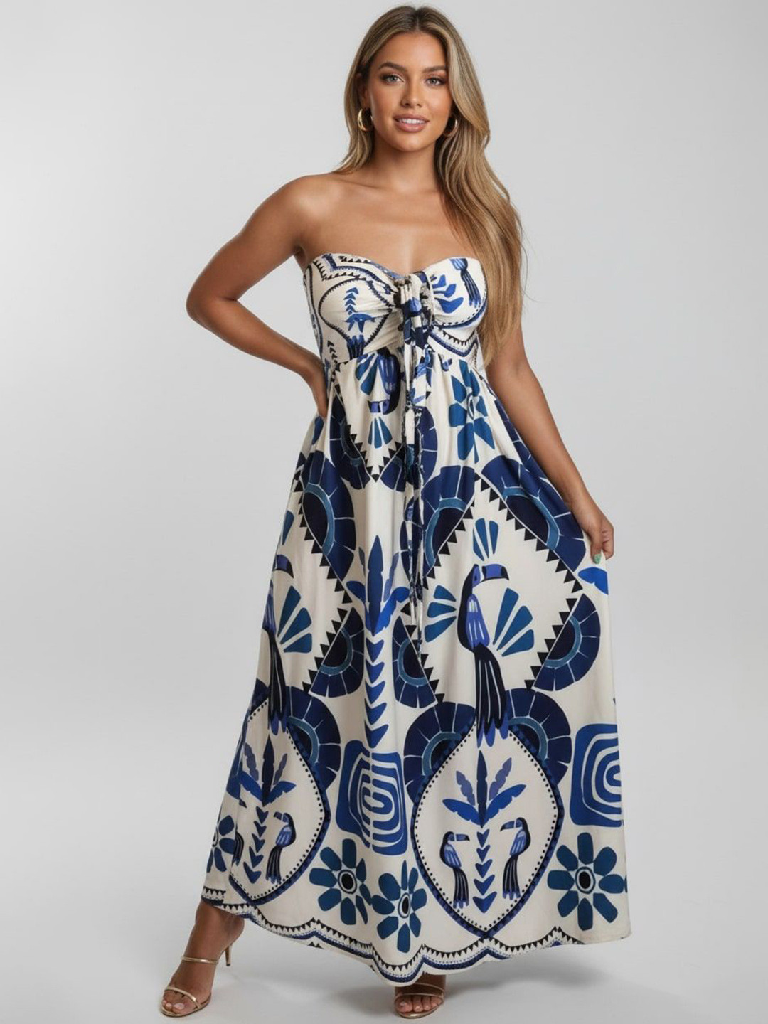 KUNDAN FAB Abstract Printed Sleeveless Smocked Backless Off Shoulder Maxi Dress