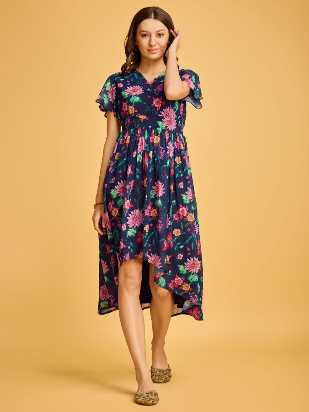 DAATAR Women Floral Printed V-Neck Georgette Fit & Flare Midi Dress