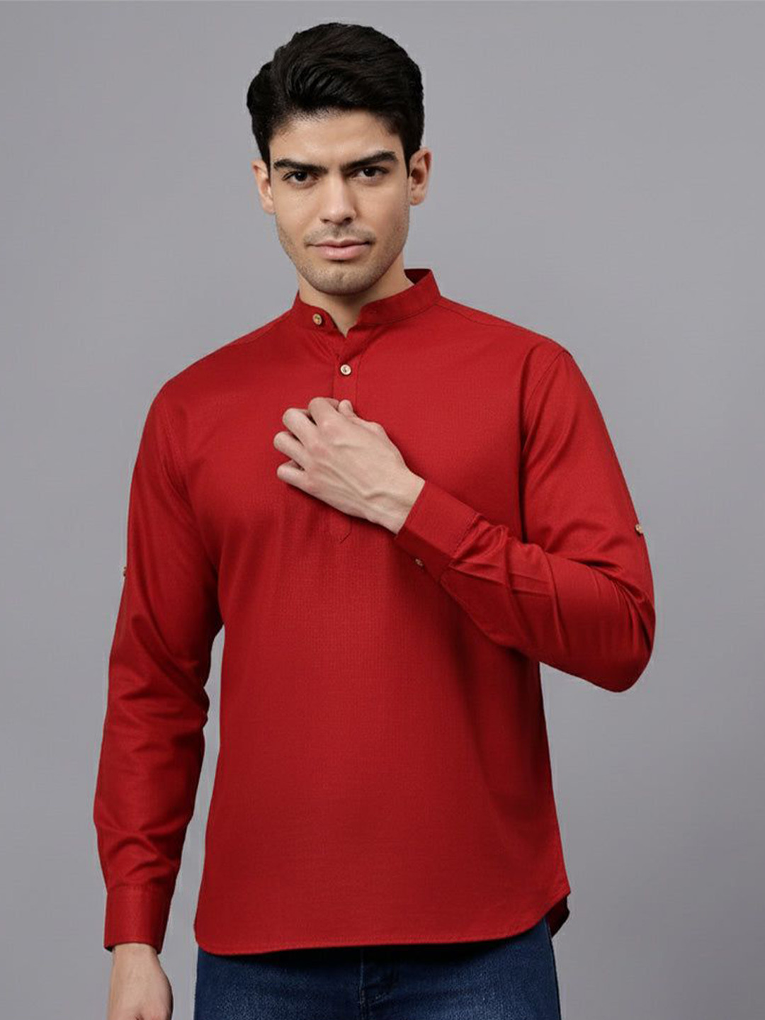 welldonemall Mandarin Collar Roll-Up Sleeves Straight Cotton Kurta