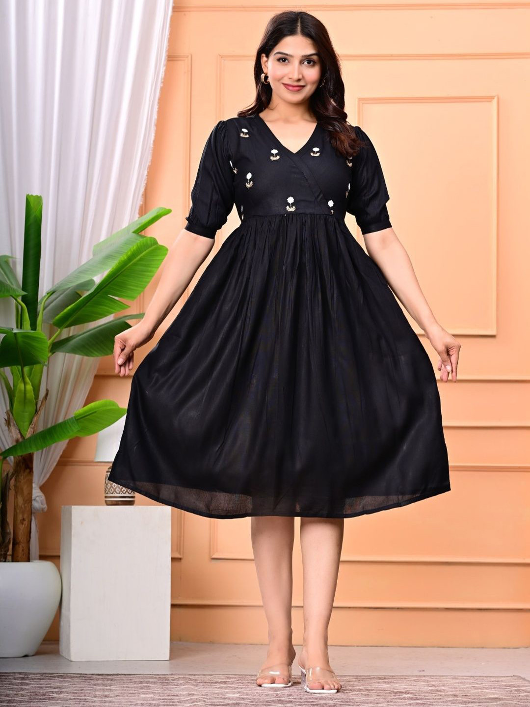 GREAT SELLER Floral Embroidered Fit & Flare Gathered or Pleated Knee Length Dress