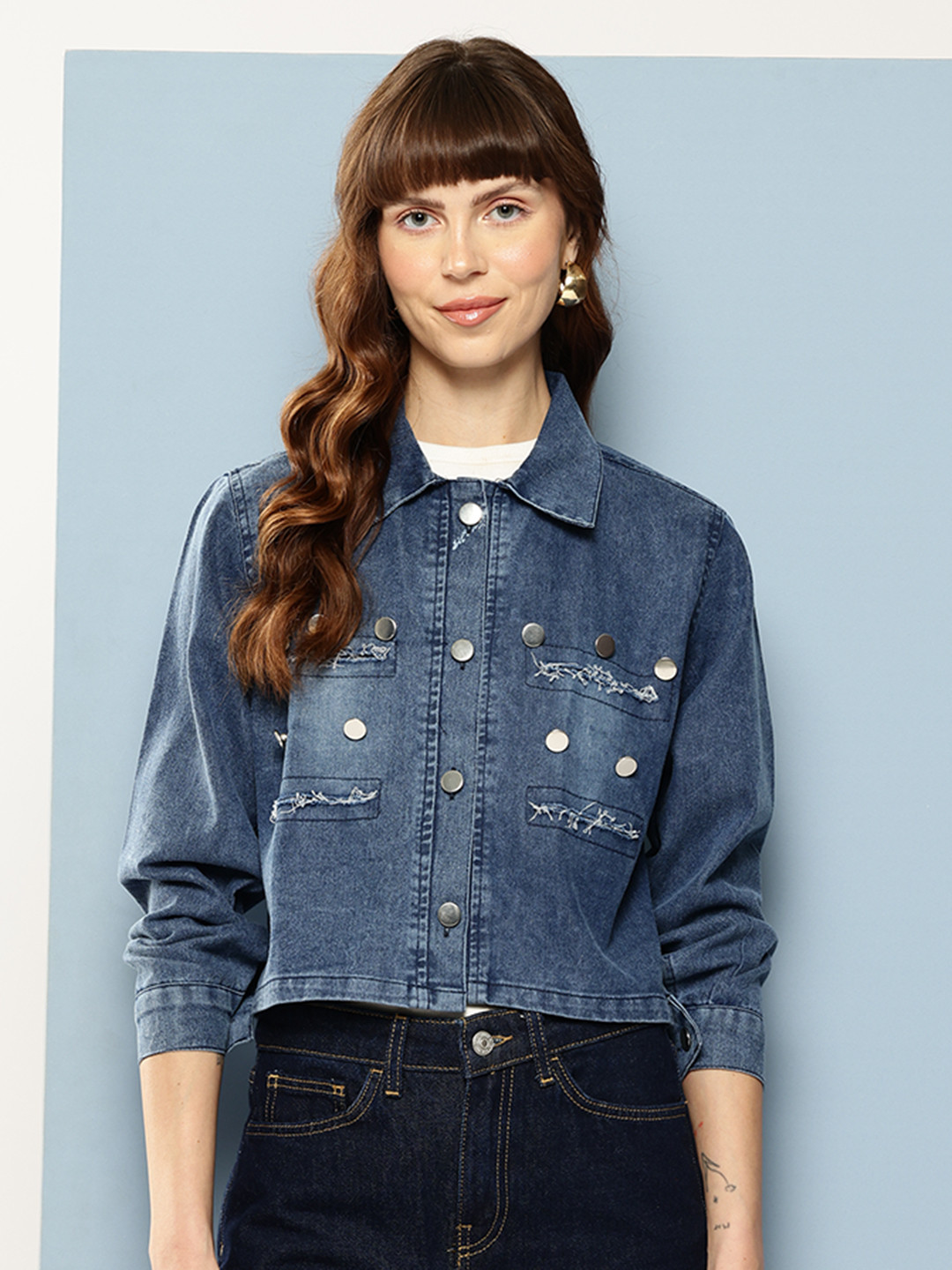 Aarika Rivet Frayed Detail Crop Denim Jacket