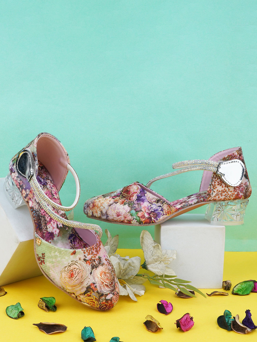BAESD Girls Flower Printed Transparent Block Heels