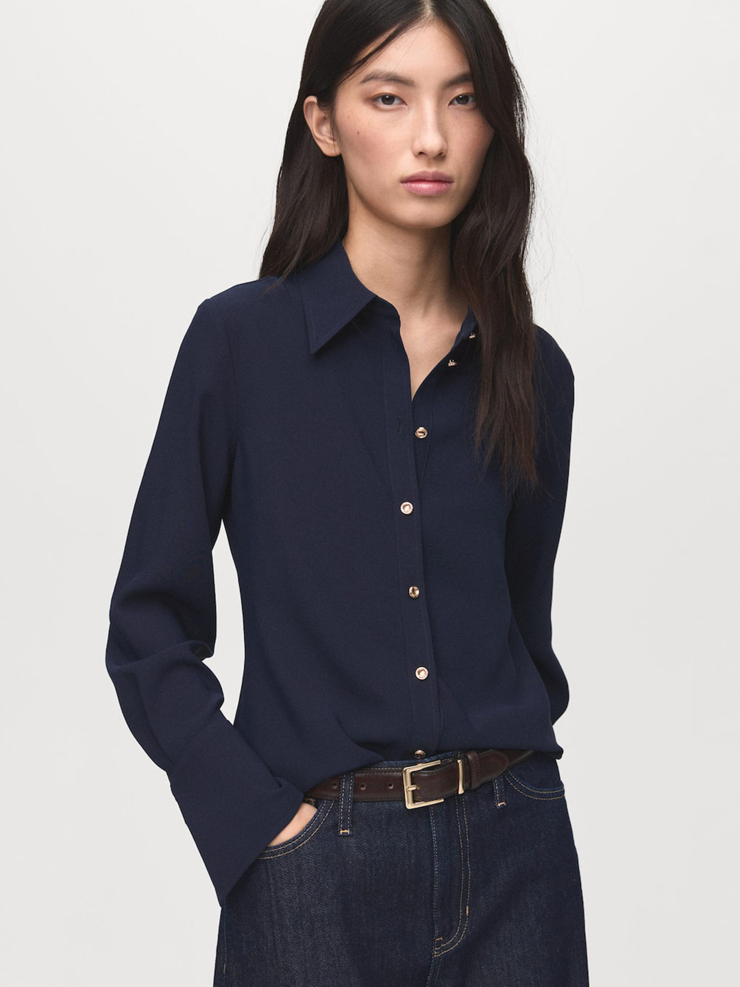 MANGO Spread Collar Shirt with Jewel Button Detail