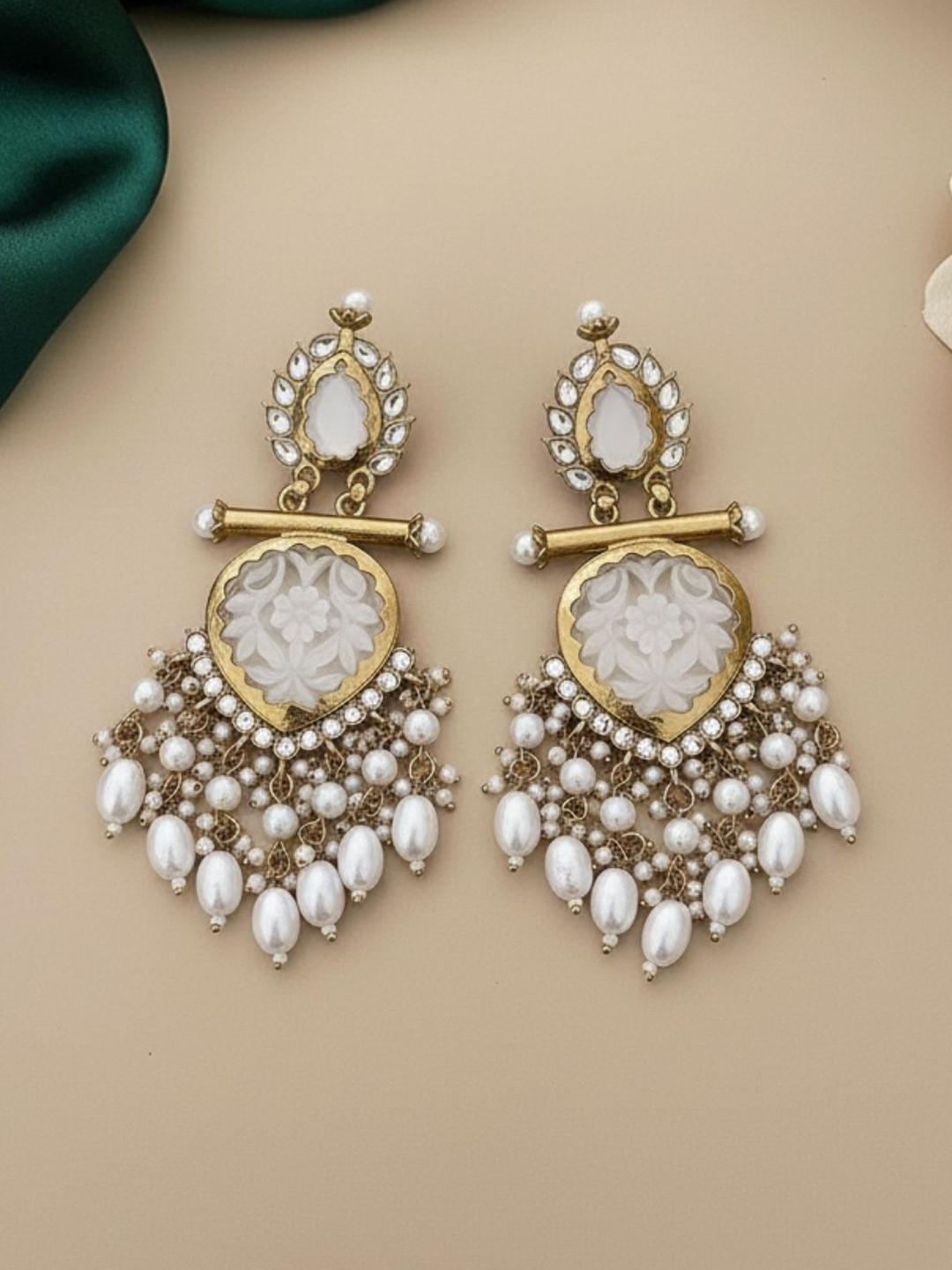 Ishhaara Gold-Plated Atifiicial Stones Studded And Beaded Teardrop Shaped Drop Earrings