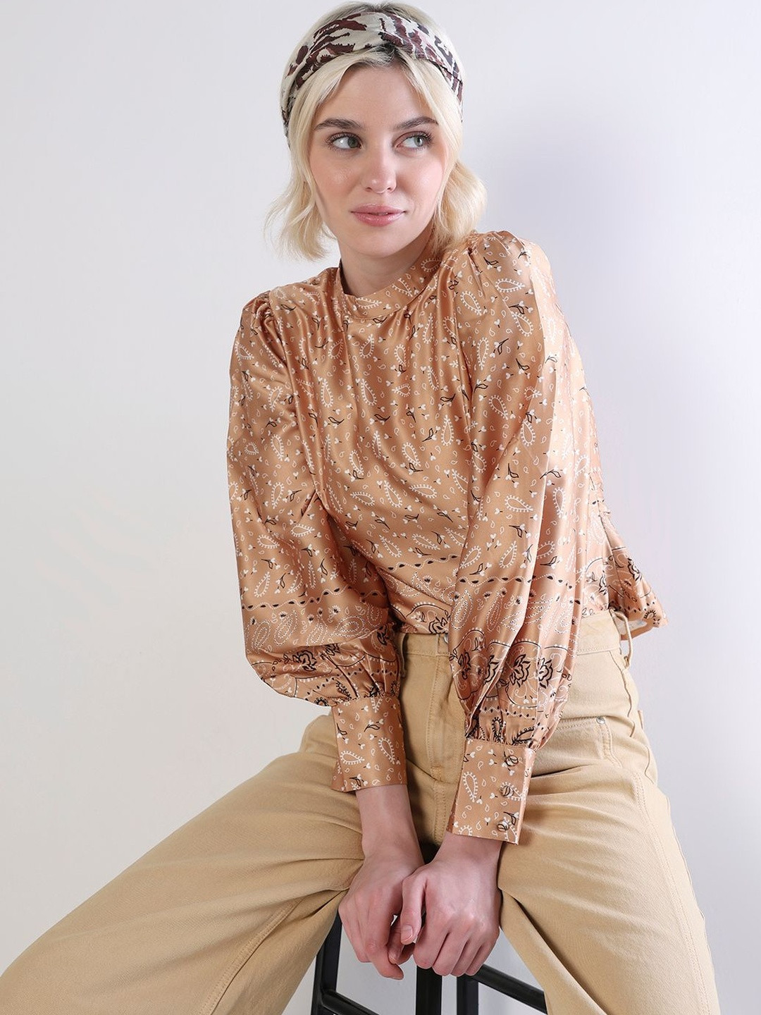 ONLY onlHAYLEY LS TOP WVN Women Ethnic Motifs Print High Neck Cuffed Sleeves Top