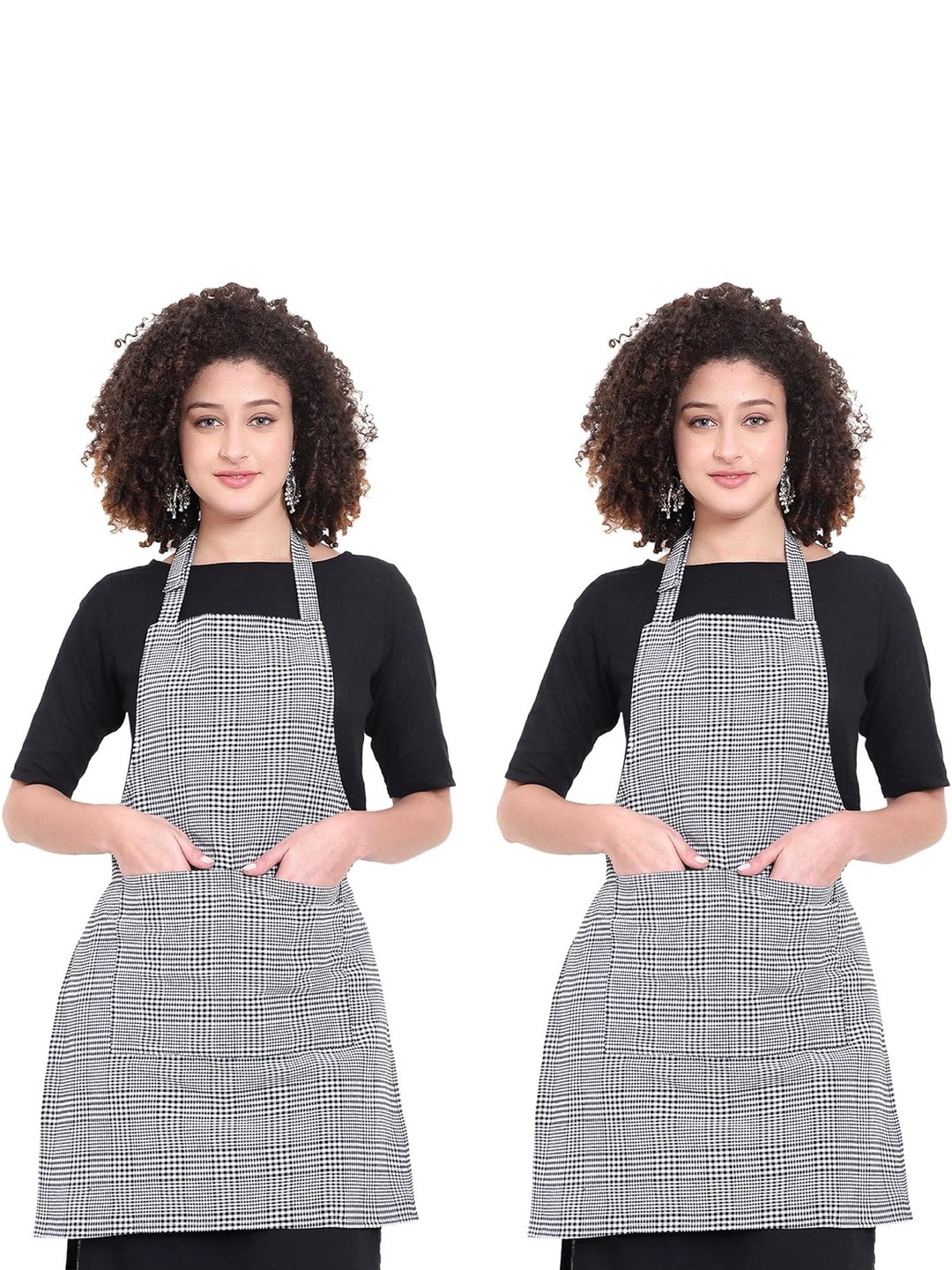 DESNUDA Women Pack of 2 Kitchen Checkered Chef's Apron Pockets & Neck Adjustable Strap
