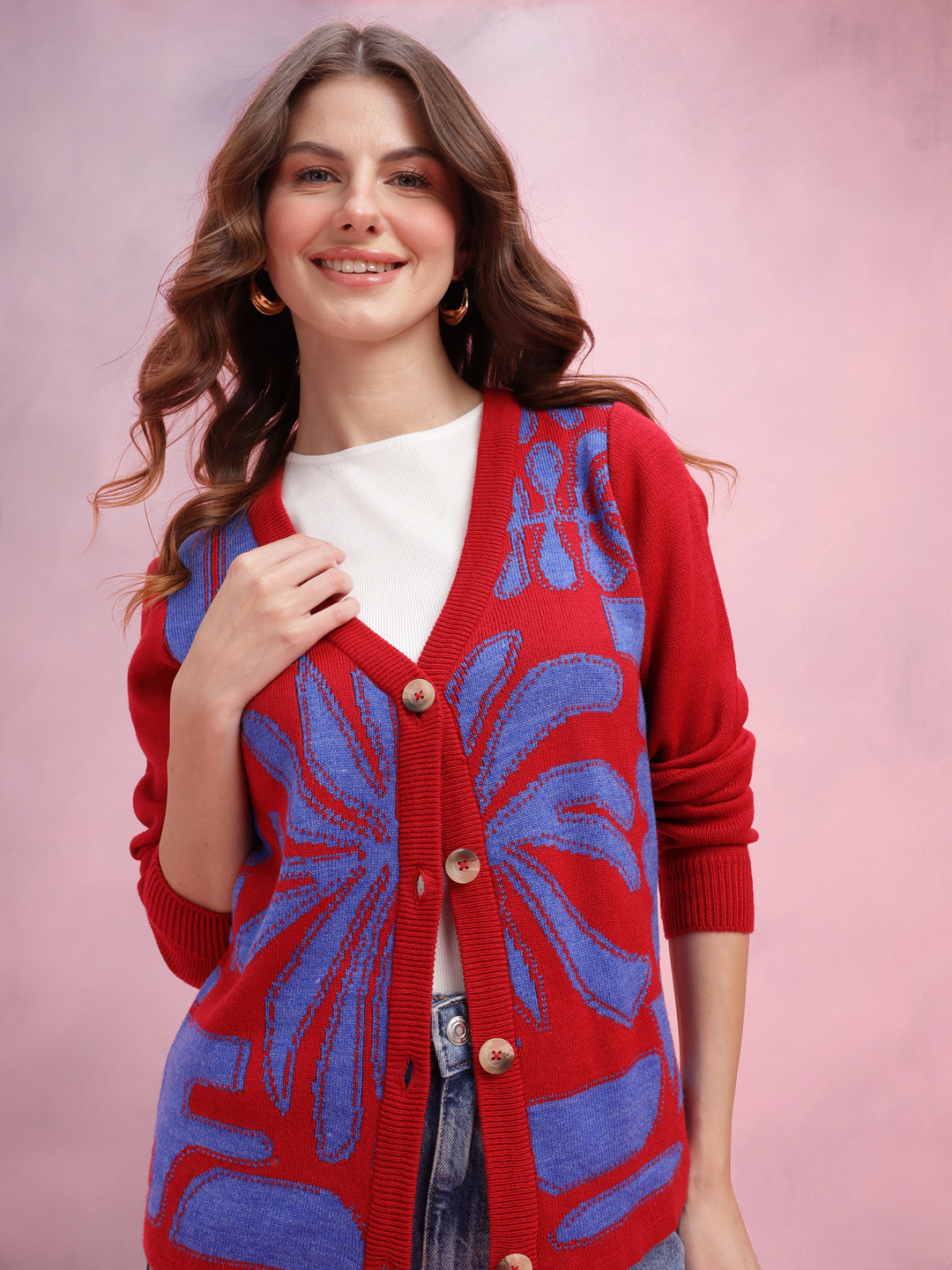 DressBerry Self Design Abstract Cardigan