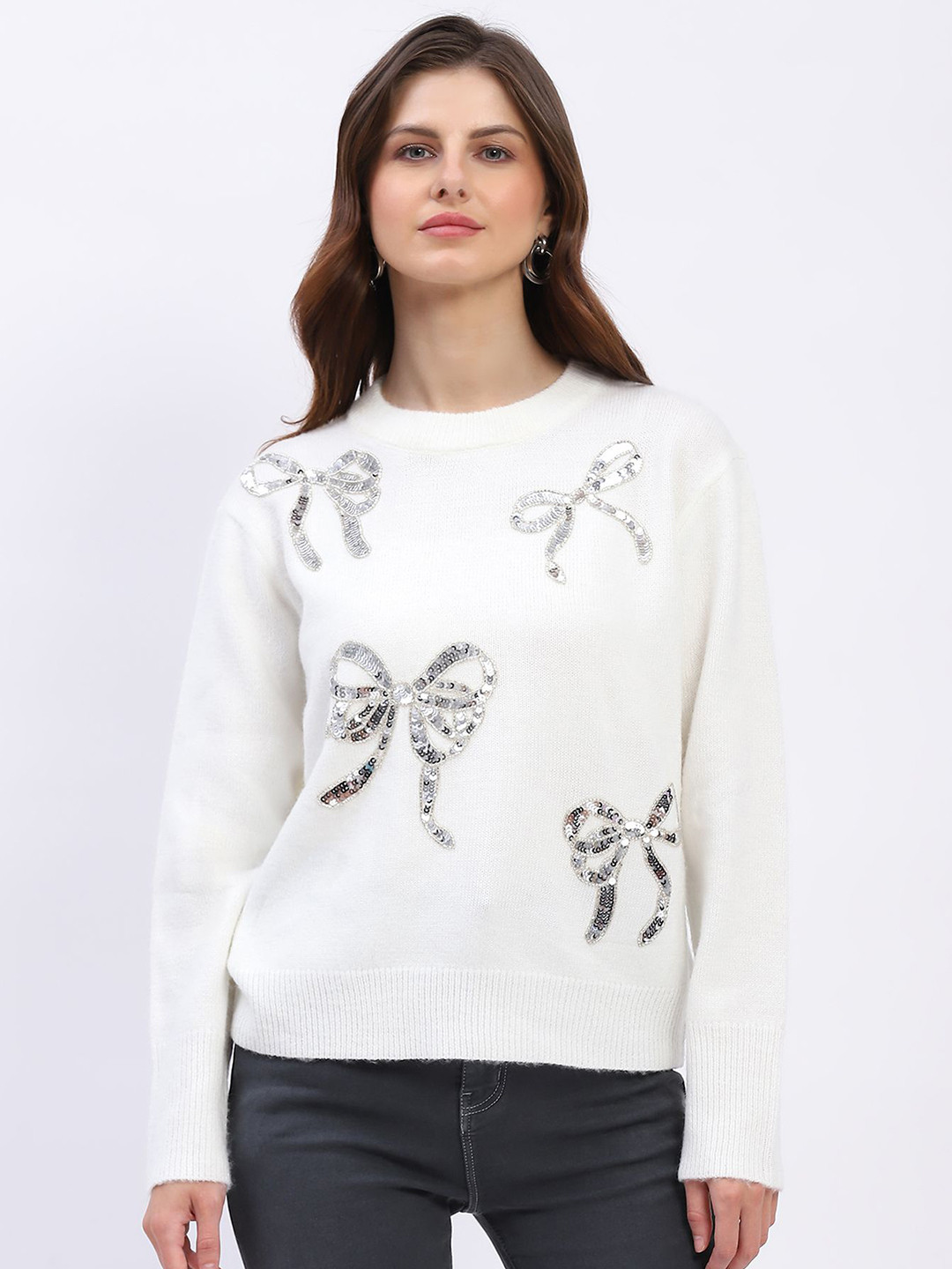 Global Republic Women Embellished Round Neck Pullover Sweaters