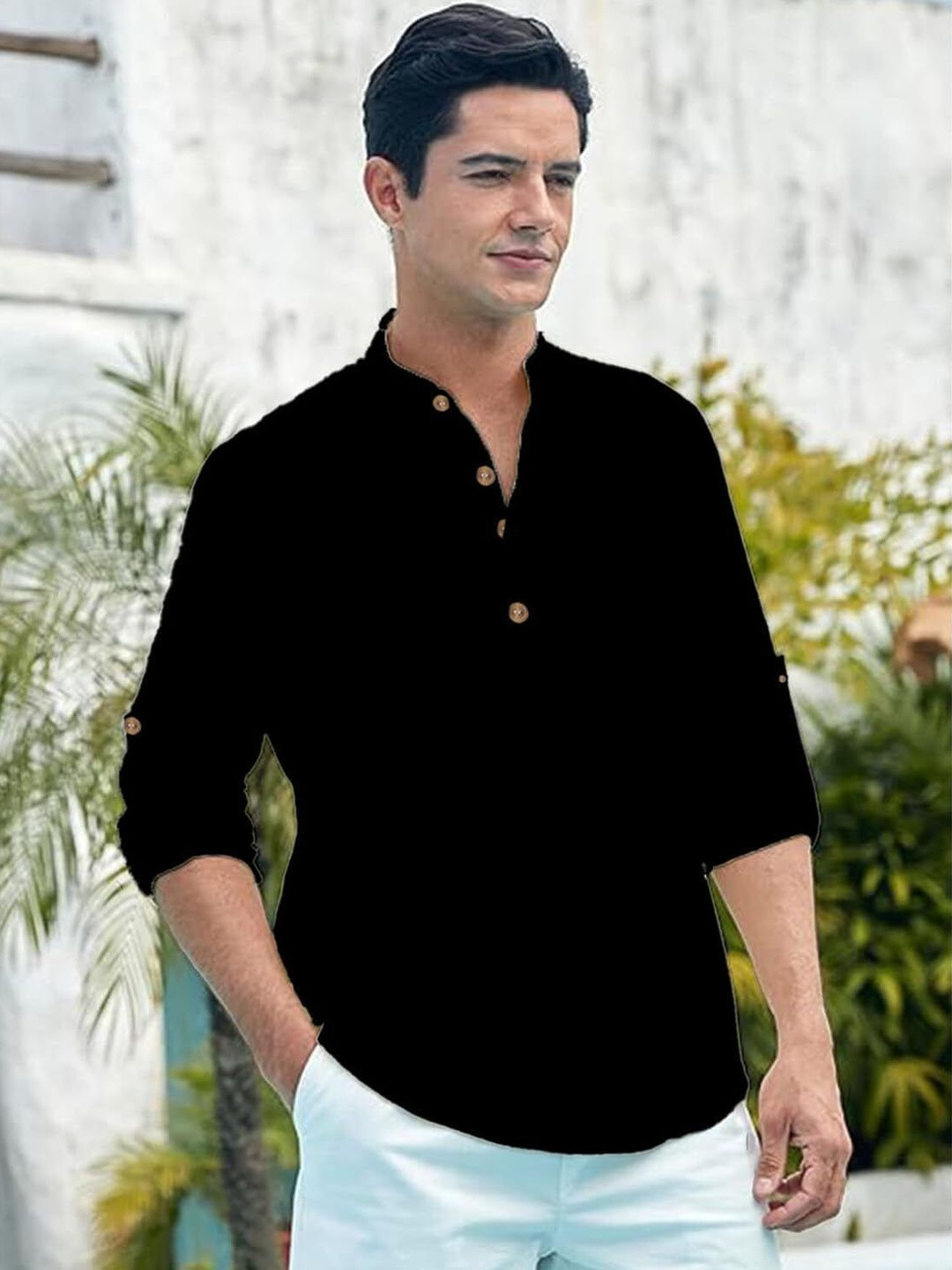 Edin Men Solid Straight Roll Up Sleeve Kurta