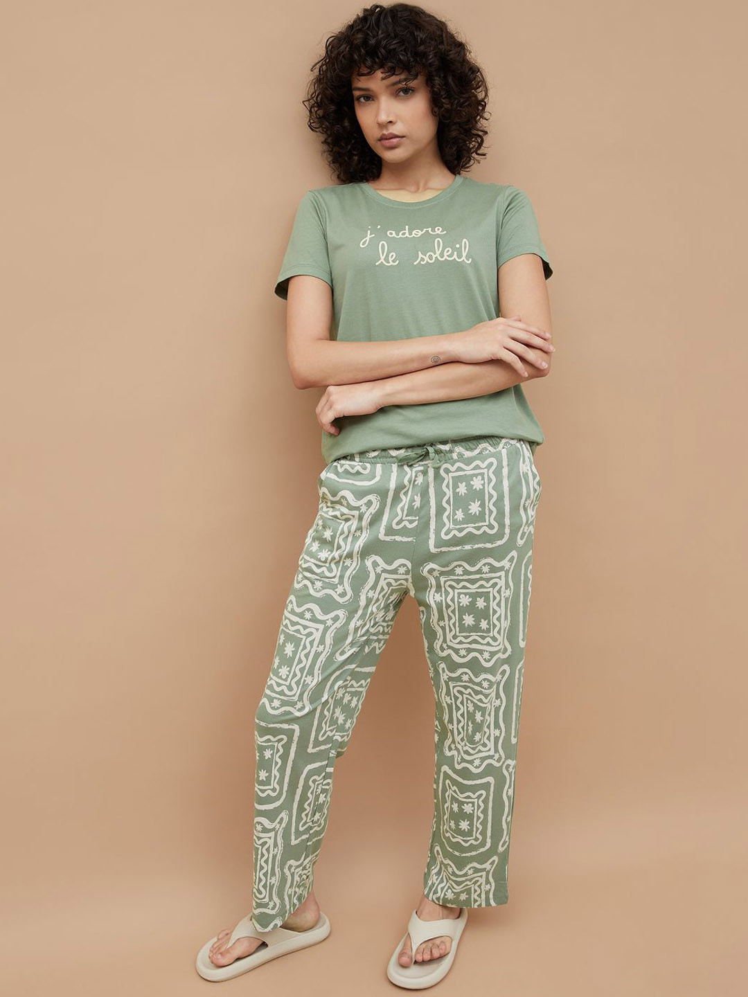 Ginger by Lifestyle Women Abstract Printed Cotton T-Shirt with Pyjamas Nightwear Set