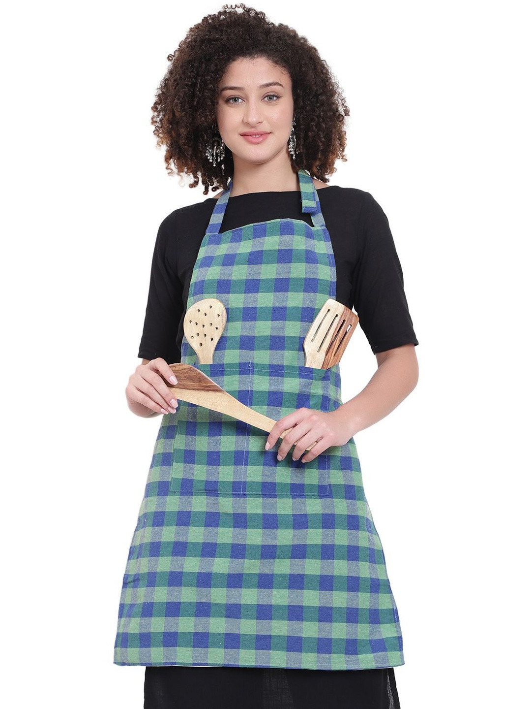 DESNUDA Green Checked Cotton Kitchen Aprons