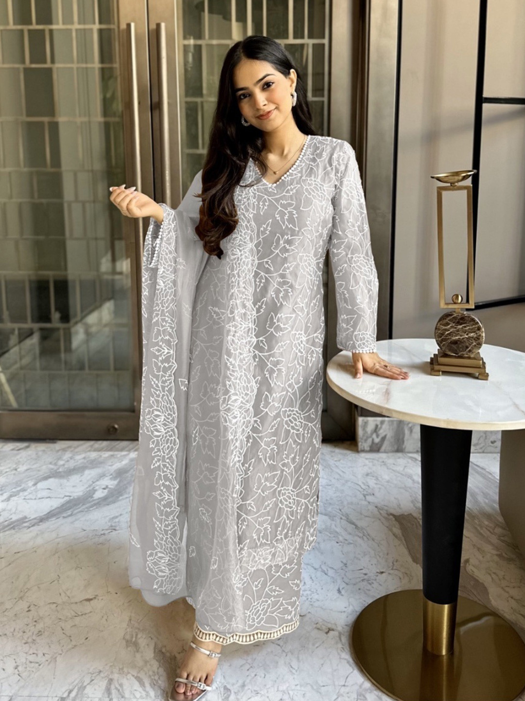 Akaya Women Floral Embroidered Kurta with Palazzos & Dupatta