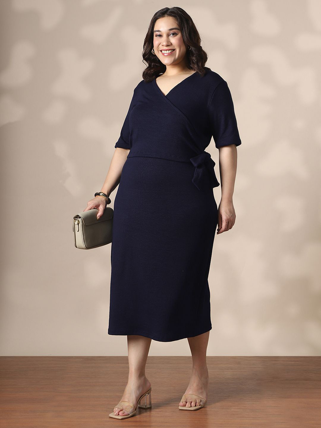 Globus Navy Blue Women Waist Tie-Ups Slits Ribbed Plus Size Sheath Midi Dress