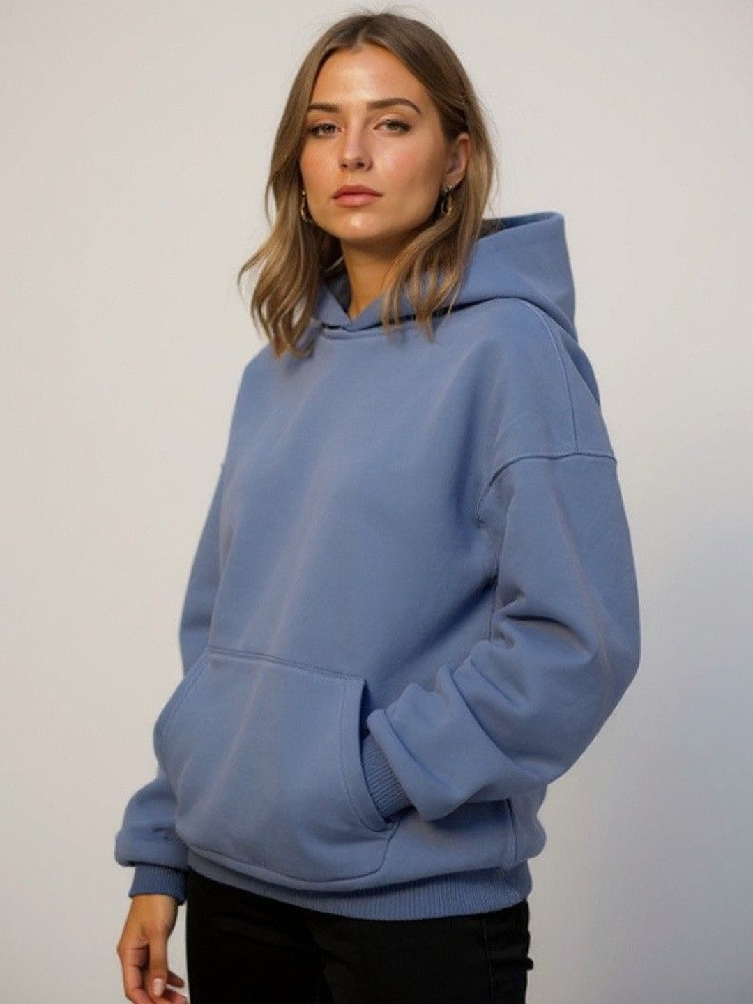 HERE&NOW Women Sea Blue Long Sleeves Polyester Hooded Sweatshirts