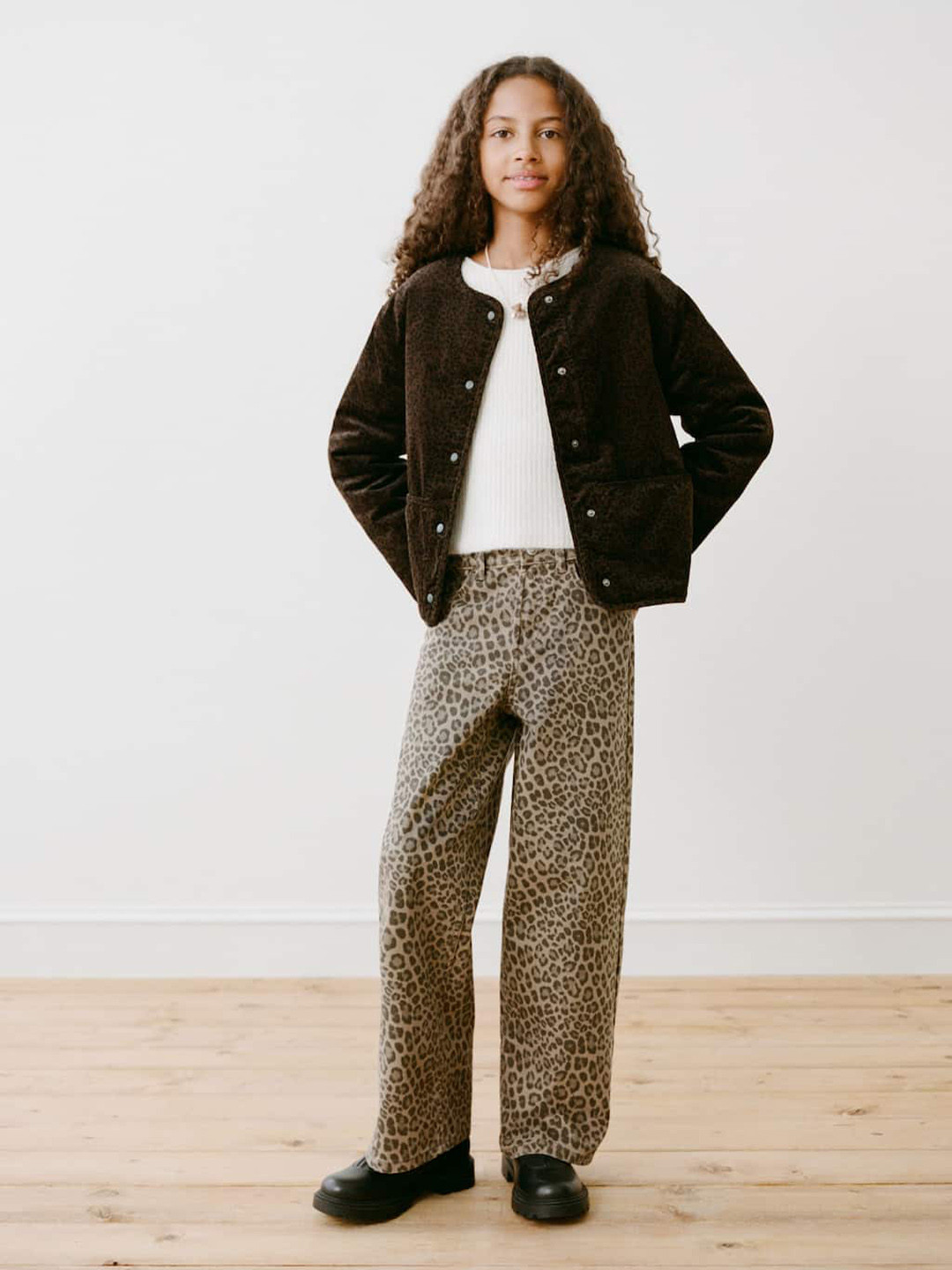 Mango Kids Girls Wide Leg Mid-Rise Animal Printed Pure Cotton Jeans