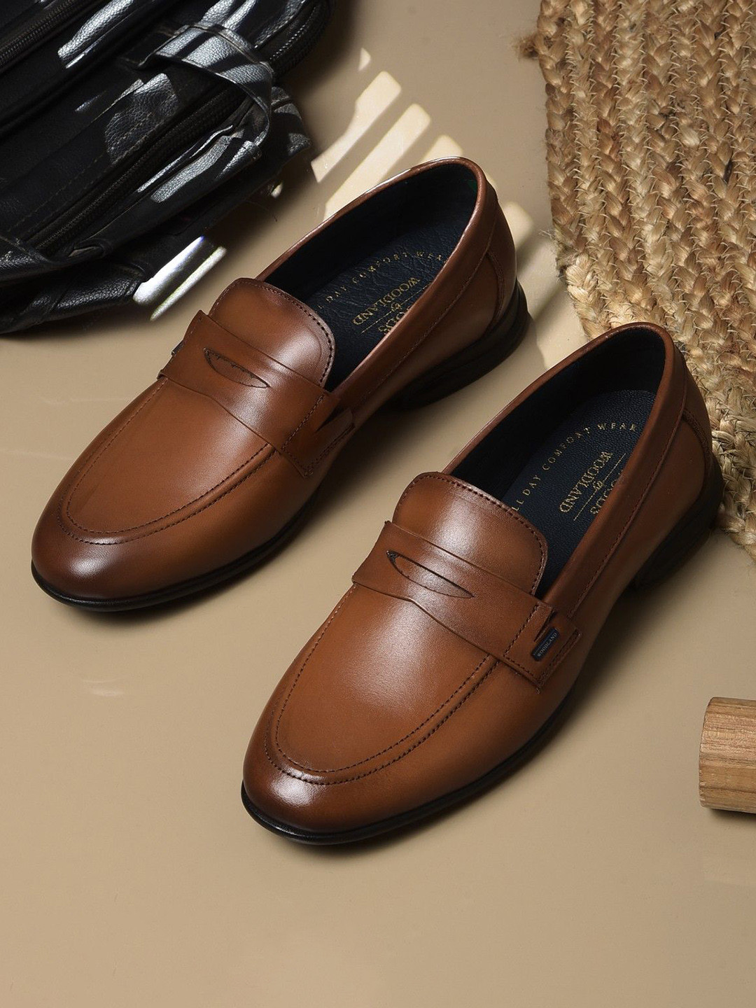 Woodland Men Leather Round Toe Slip-On Loafers