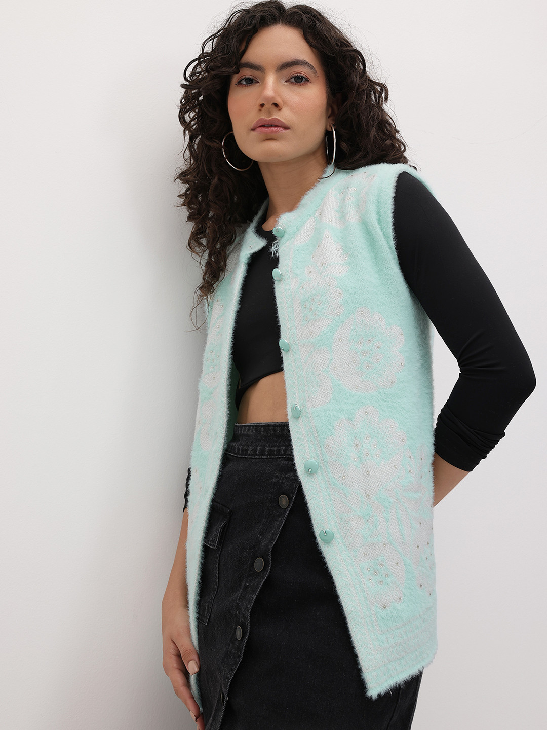 The Roadster Life Co. Self Design Floral Cardigan Sweater